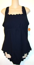 NEW Charmo Scalloped Ribbed One Piece Swimsuit BLACK Size XL UPF 50 D121