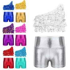 Kids Girls Crop Top With Shorts One Shoulder Tracksuit Dance Vest And Bottoms