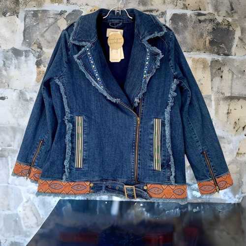 Nicole Miller Artelier Embroidered Moto Denim Jacket Women's Large NEW $450