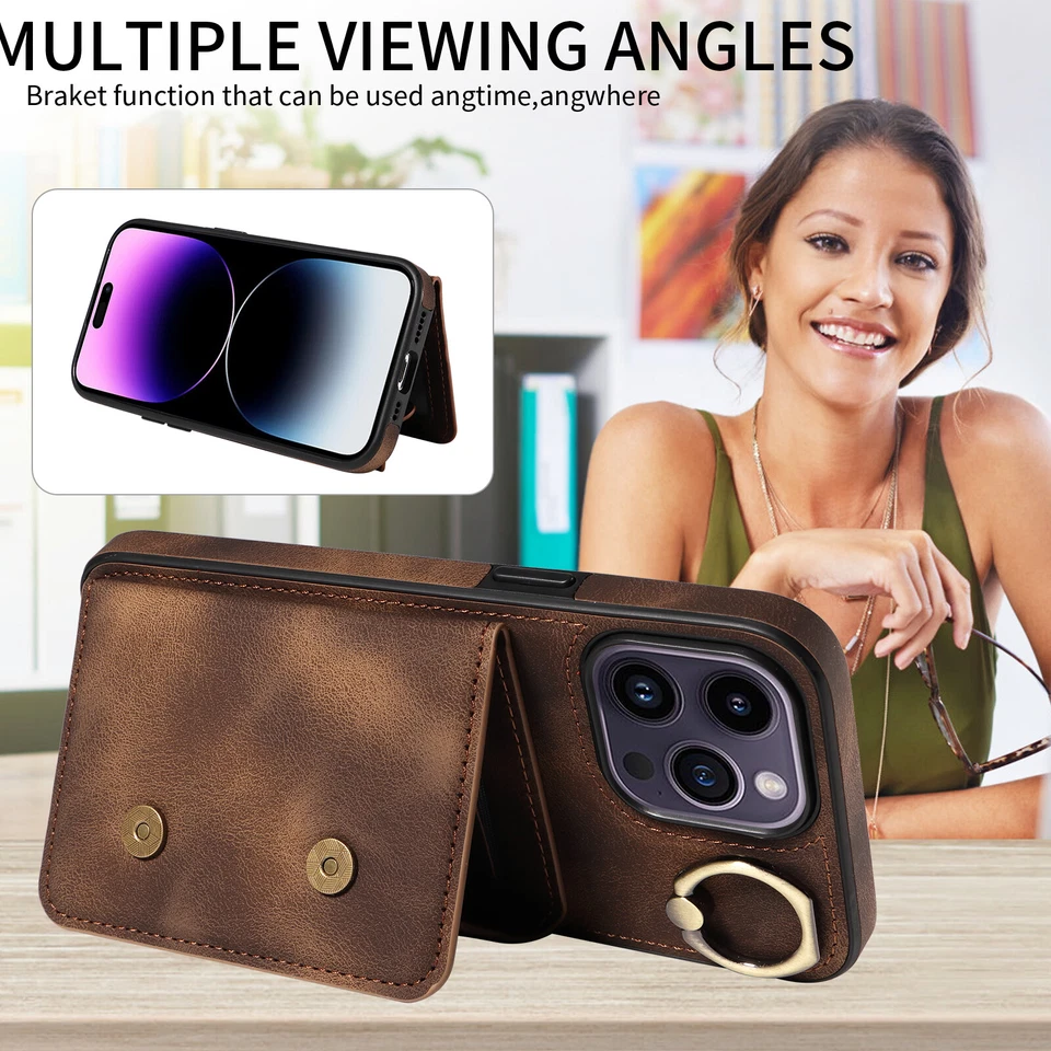 For iPhone 16 15 14 Plus 13 12 11 Pro Max Wallet Leather Ring Holder Case Cover - Image 4 of 4