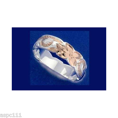 6MM SILVER 925 HAWAIIAN RING PLUMERIA SCROLL BLACK ENAMEL BORDER SIZE 3
