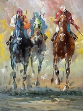 Anthony Veccio Dynamic Trifecta Horse Racing Oil Painting Exciting Mid Century