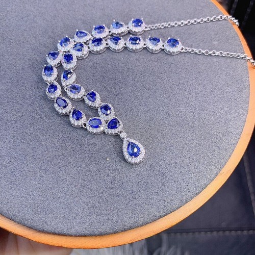 Natural Blue Sapphire Wedding 18k White Gold Necklace Diamonds Necklace - Picture 3 of 5