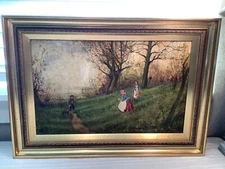 Antique British English Landscape Painting Family Hunt Folk Art 21.5 x 15”