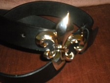 BELT WITH A FASHION  SILVER BUCKLE THE FIGURE OF FLEUR DE LIS  BLACK BELT