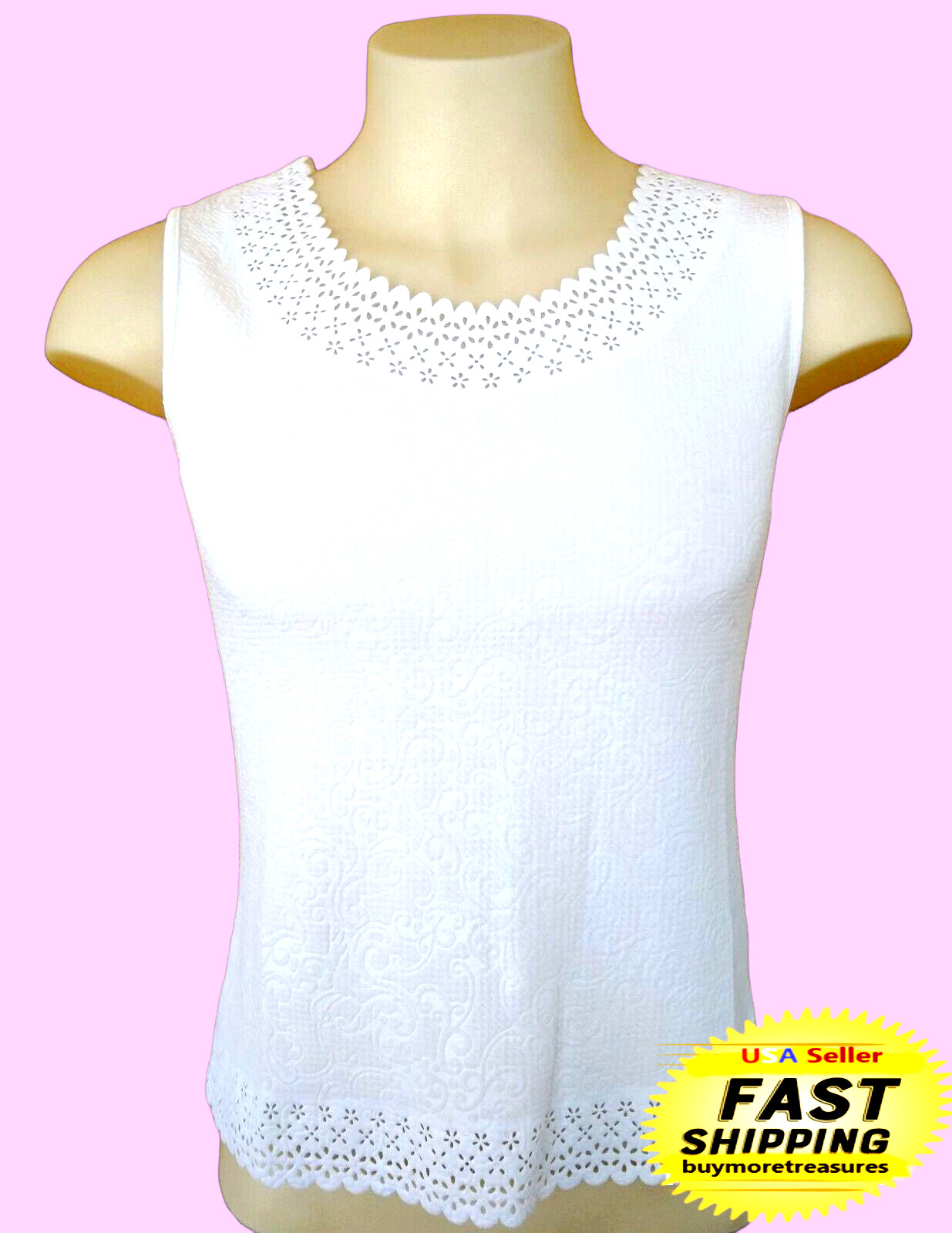 Tank Top Shirt Womens Small Laser Cut Eyelet Paisley Chances R Sleeveless White-image