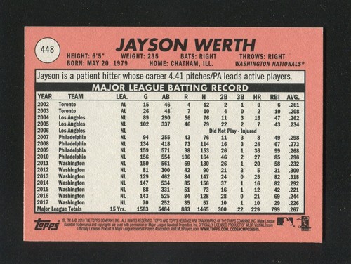 #448 JAYSON WERTH, Nationals - 2018 Topps Heritage: SP 185001e - Picture 2 of 3