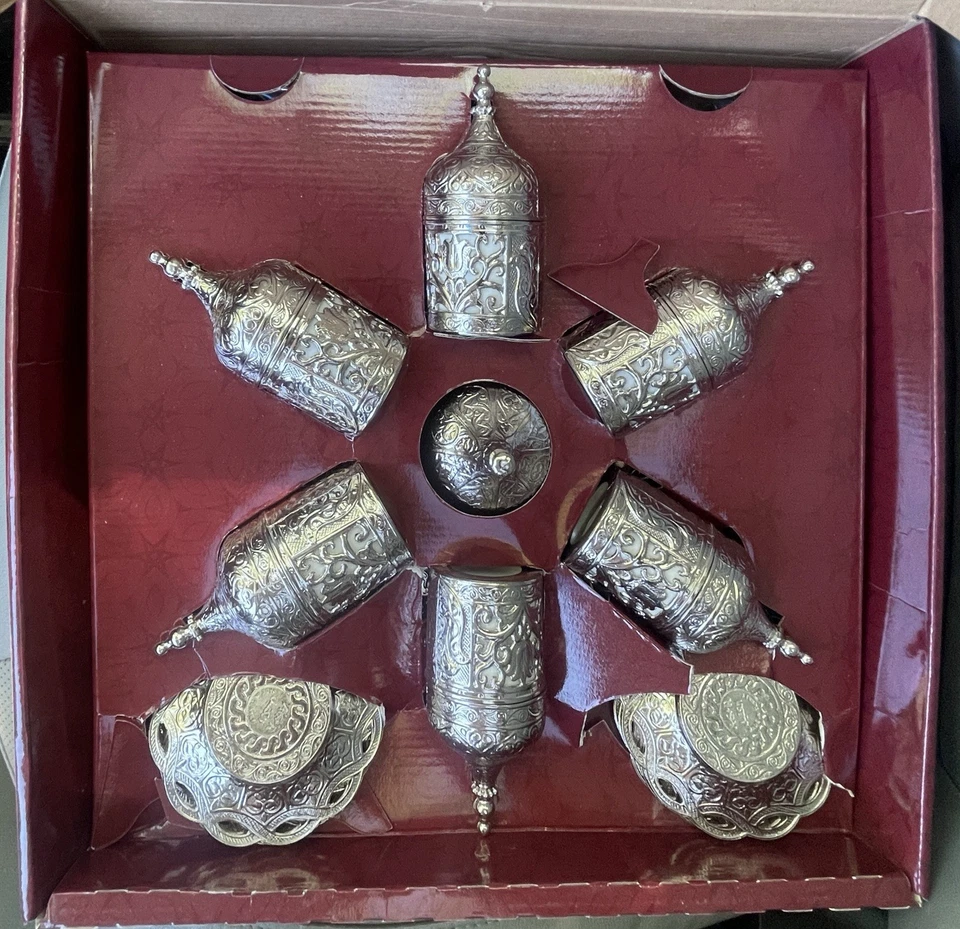 Juego de café turco 6 tazas platillos plato plata estilo otomano NUEVO EN CAJA Foto 3 de 3