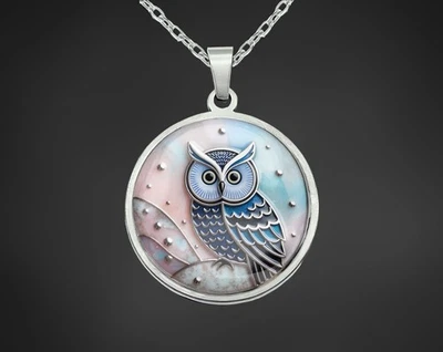 Eulen Halskette Kette Mit Anhänger Bunt Silber Edelstahl Schmuck Amulett Eule - Bild 1 von 4