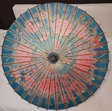 VINTAGE Hand Painted Parasol Umbrella Camellias Pink Blue Paper  Wood Handle