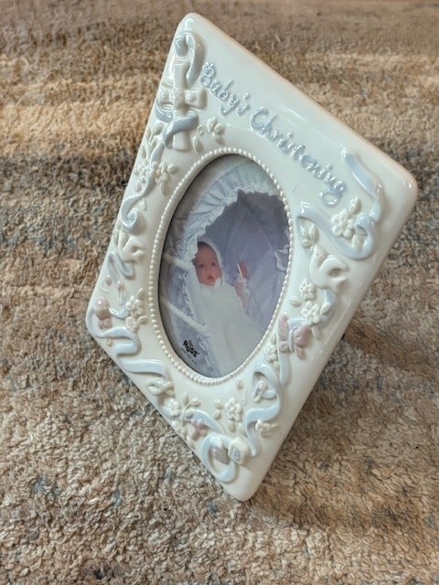 Russ Baby's Christening Baptism Picture Frame Ceramic Boy Cross Blue Ribbon