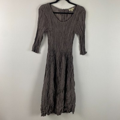 Alquema Dress Womens 2 Taupe Crinkle Pleated Midi Dress 3/4 Sleeve Lagenlook