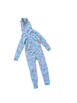 #ad Limited Too Girls Fleece One Piece Pajamas Size 7 8 Blue Pink Hearts Hooded Zip $14.99