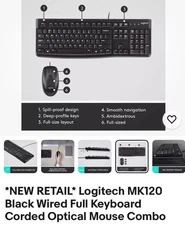 Logitech MK120 Black Wired Full Keyboard Corded Optical Mouse Combo NEW