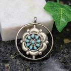 Zuni Native  Silver Turquoise Red Coral Floral Spinning Dual-Sided Pendant