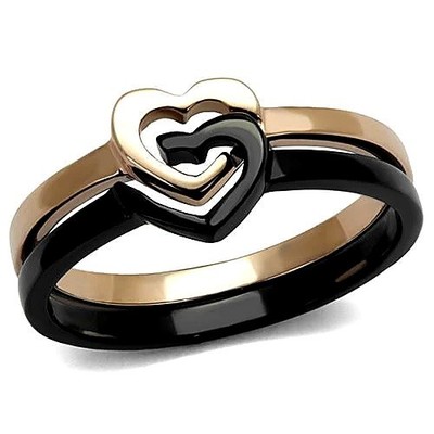 Women's Heart Ring Set, Rose Gold & Black Plated, Stainless Steel