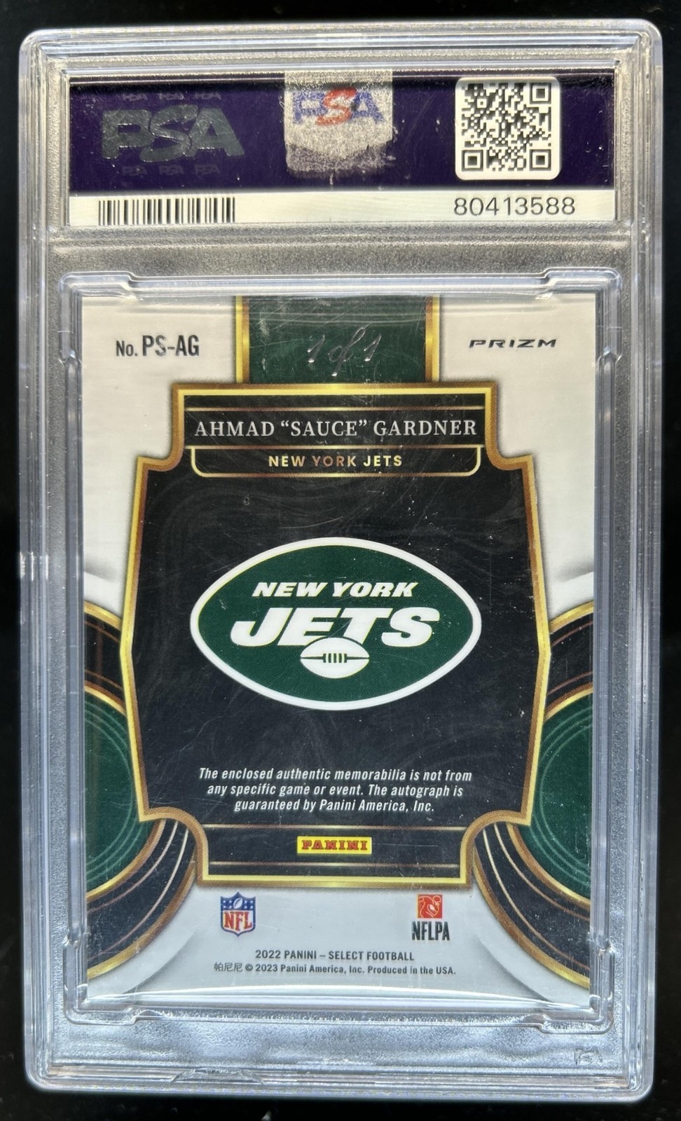 2022 Select Ahmad "Sauce" Gardner Black NFL Shield Patch Auto RC #1/1 PSA 10 view 2