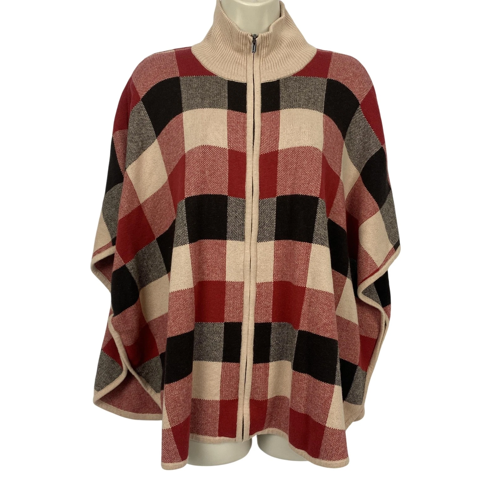 Jones New York Poncho Sweater Womens Small Medium Buffalo Plaid Zip Up Cabincore