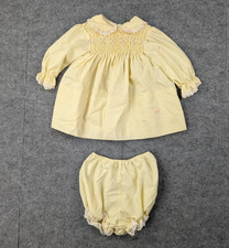 Vintage Polly Flinders Dress Baby Girls 12M Smocked Bloomers Set Yellow Retro