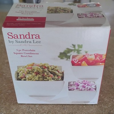 Sandra by Sandra Lee 3pc Porcelain Square Condiment Bowl White Chip Resistant