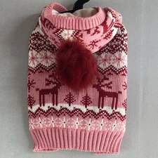 Cynthia Rowley Dog Pom Hooded Holiday Sweater Pink White Red Reindeer Size XS