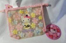 Vintage 1999 Bumble Bee Hello Kitty Sanrio Pouch Makeup Bag + 2001 Mirror