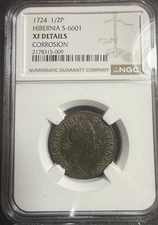 1724 (XF Details) Hibernia Halfpenny 1/2P NGC - Colonial Issue