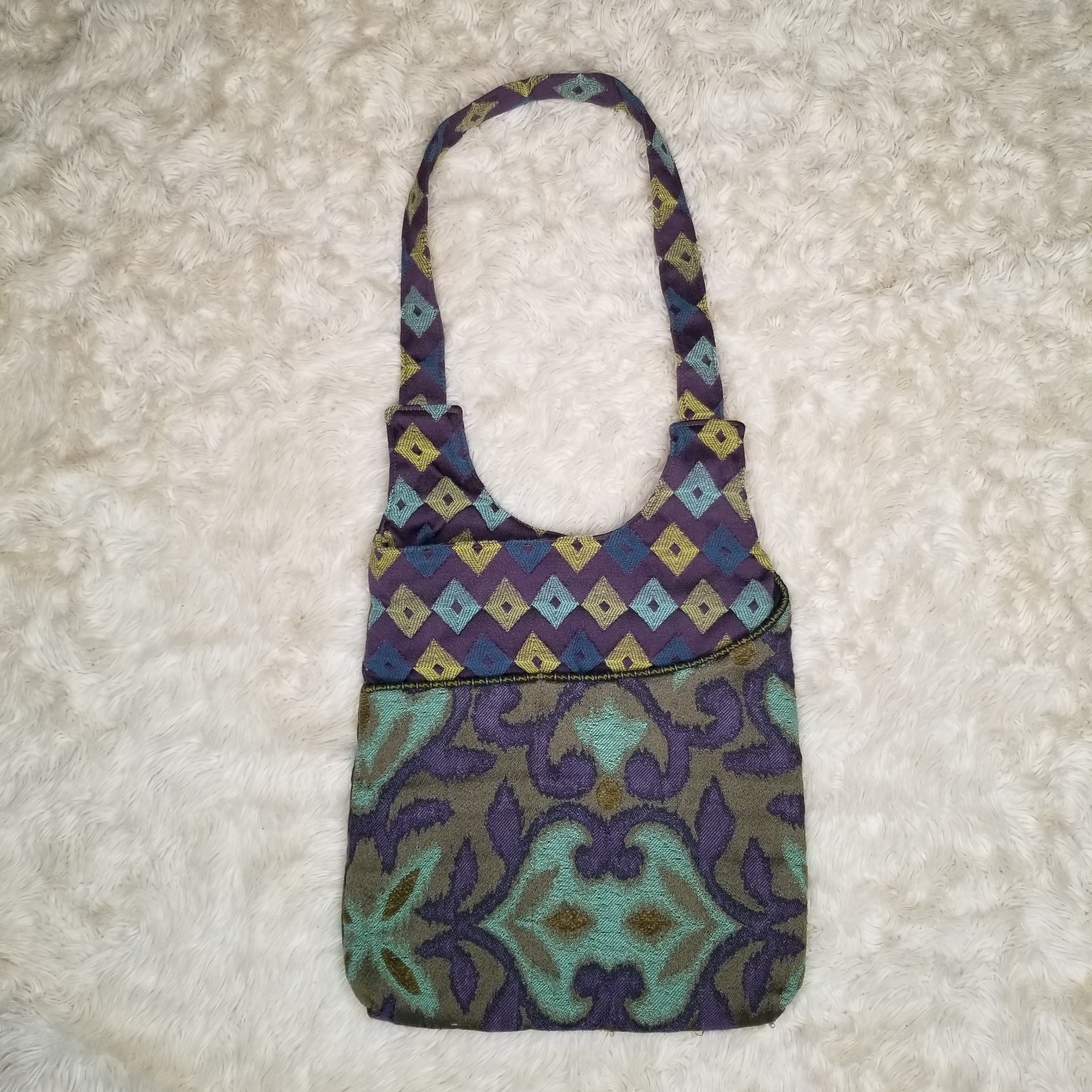 Maruca Tapestry Shoulder Bag Handmade Purse USA Art To Wear Lagenlook Purple