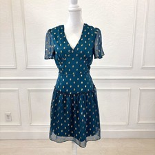 Francesca's Del Mar Teal Gold Polka Dot Flutter Sleeve VNeck Mini Dress | Medium