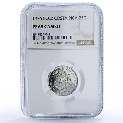 Costa Rica 25 centimos Republic Coinage BCCR Large Date PF 68 NGC CuNi coin 1976