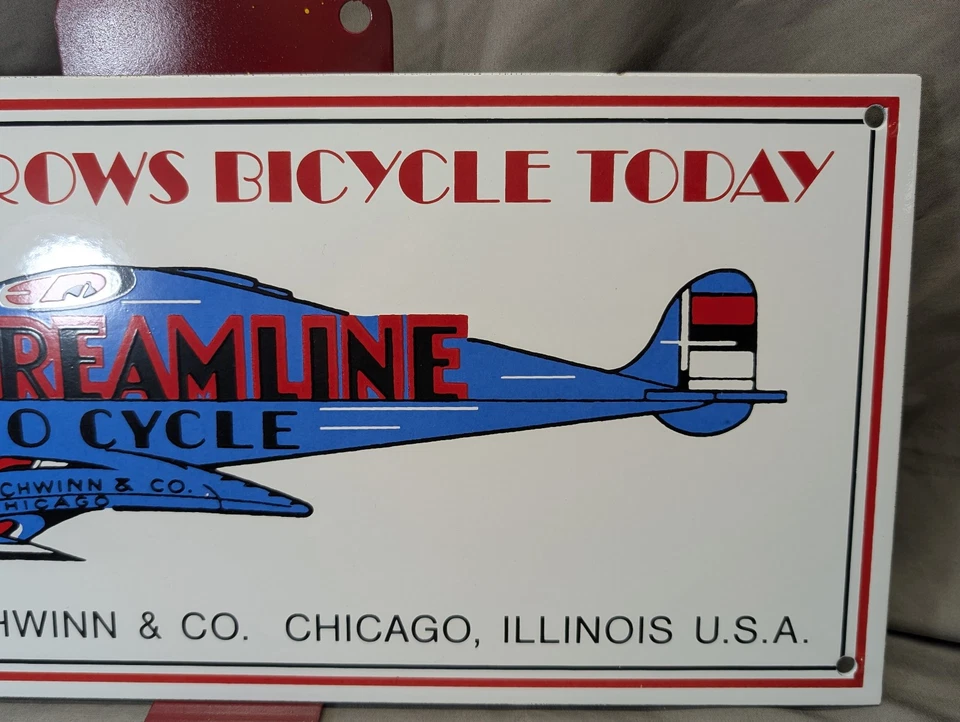 "Letrero vintage de porcelana usada Schwinn Streamline Aero bicicleta 16""x8"" Excelle" Foto 4 de 4