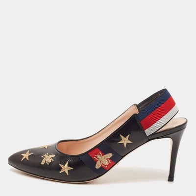 Gucci Sylvie Web Size 40 Black Leather Bee Star Embroidered Slingback Pumps
