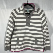 Joules Sweatshirt UK14 US10 Women's Gray White Stripe Funnel-Neck Big Button