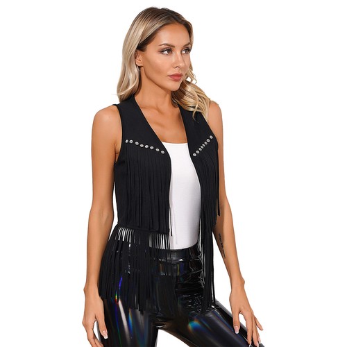 Women Cowgirl Costume Fringe Waistcoat Cowboy Sheriff Tassel Vest Cosplay Outfit - Picture 7 of 79
