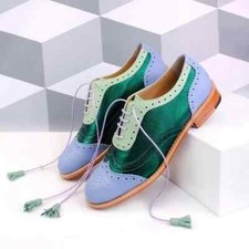 Handmade Women's 3Tone Leather  Suede Oxford Wing Tip Lace Up Brogue Dress Shoe
