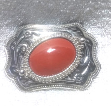 Orange Offset Oval Stone Silver Engraved Western Buckle Great Vintage Condition