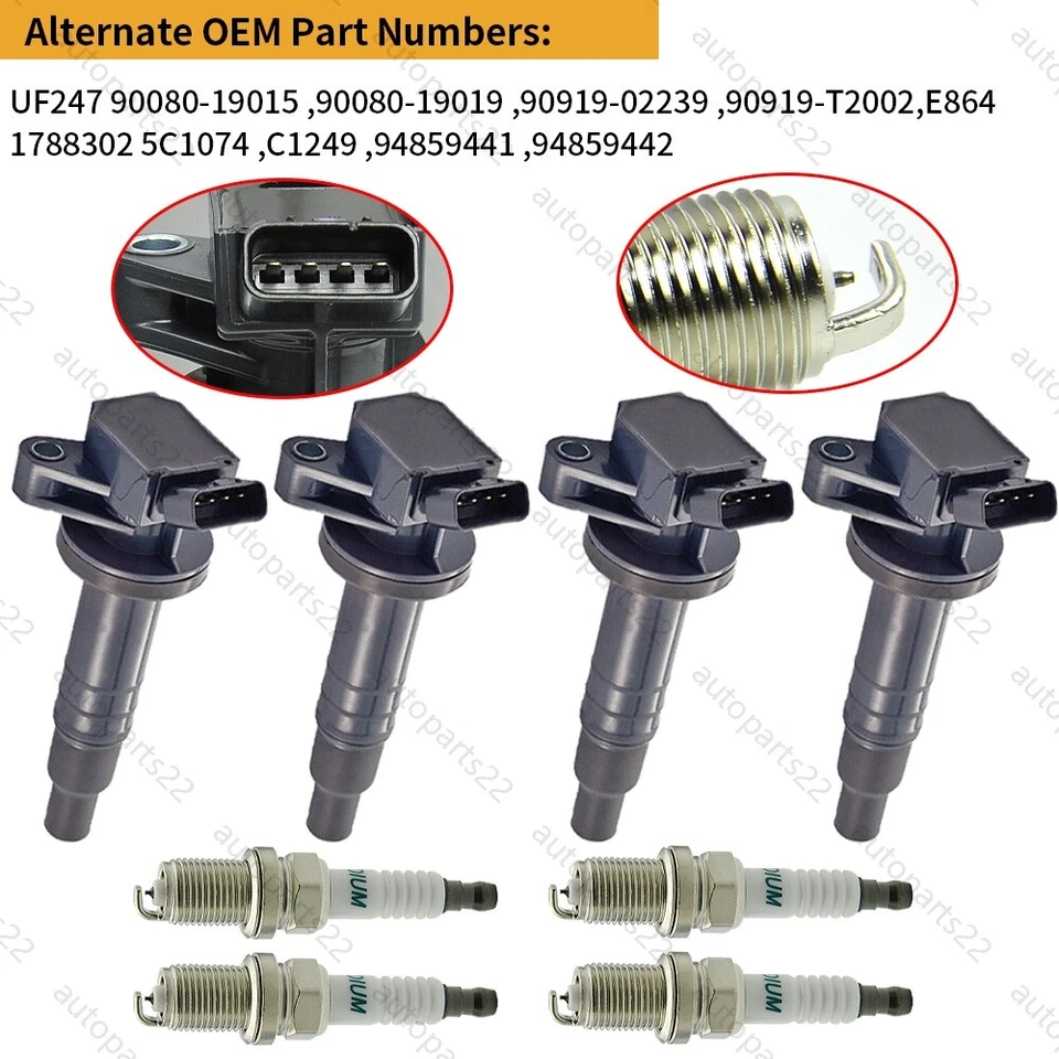 Set of 4 Ignition Coil + Spark Plug UF247 for 2000-08 Toyota Corolla Celica 1.8L - Image 2 of 4
