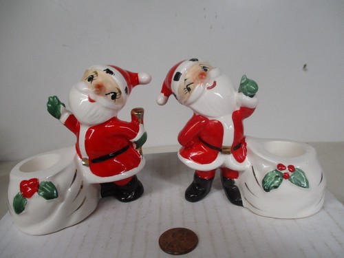 Paar Vintage Holt Howard Japan Keramik Weihnachtsmann mit Spielzeugsack Kerzenhalter
