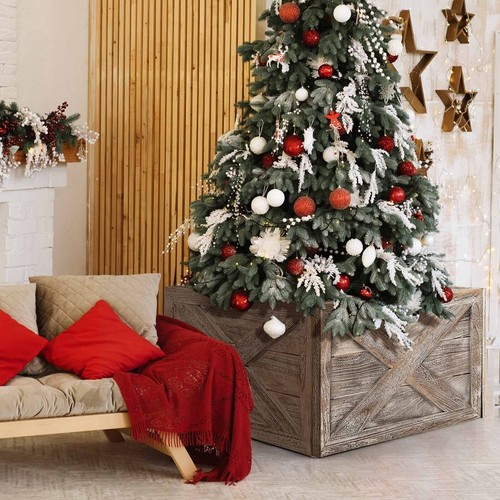 Christmas Tree Collar Box Wooden Tree Box Stand Cover W/ Hook & Loop Fastener - Picture 6 of 10