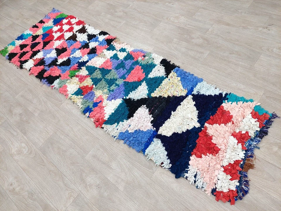 Boucherouite Vintage Moroccan Runner Rug 2x8 Colorful Berber Geometric Boho Rug - Image 3 of 4