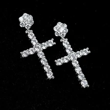 Mens Iced Cluster Stud Cross Drop Hanging Dangle Hoop Sterling Silver Earrings