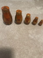 Russian Nesting Dolls 5 Babushka Matryoshka Orange Wooden Old Man Hand Painted