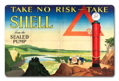#ad TAKE NO RISK TAKE SHELL GASOLINE 18quot; HEAVY DUTY USA MADE METAL ADVERTISING SIGN $82.50
