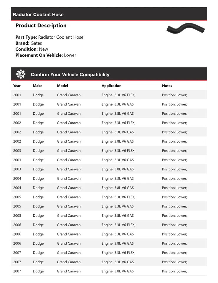 For 2001-2007 Dodge Grand Caravan Radiator Coolant Hose Lower Gates 2002 2003 - Image 2 of 4