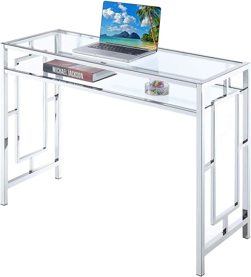 Convenience Concepts Town Square Desk With Shelf in Clear Glass and Chrome Frame - Image 2 of 4