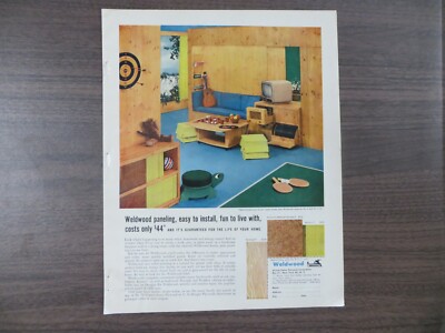 Vintage Magazine AD Weldwood Paneling Full Page Color 1954 Game Room Scene