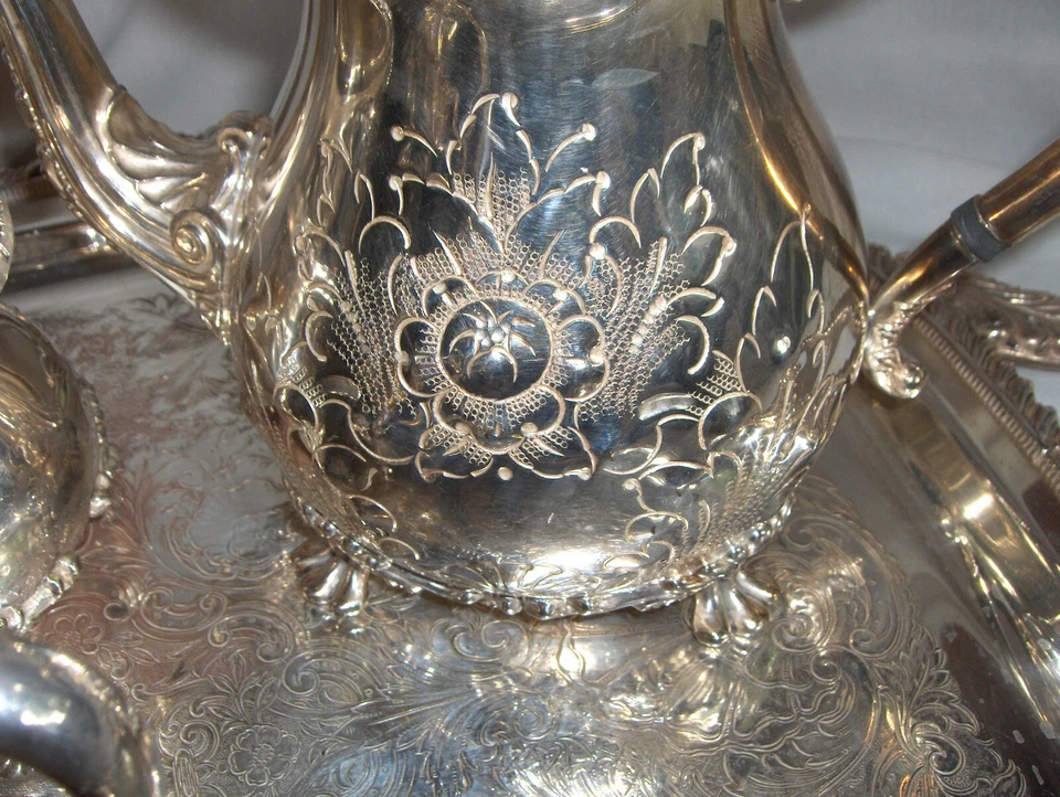 Vintage Amston Fine Silver Plate 7 Pc Coffee Tea Service 2045 Raised Design RARE - Imagem 3 de 4