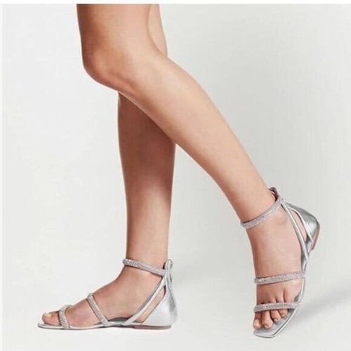 FYS Silver Sparkly Rhinestone Strappy Flat Ankle Strap Walking Back Zip Sandal