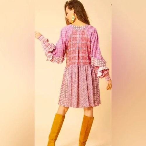 Hale Bob Emalee Ruffled Printed Boho Mini Dress - Pink NWOT Size S $360 - Picture 2 of 10