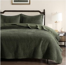 Velvet King Size Quilt Set Olive Green Striped Soft Lightweight Bedspread Dark
